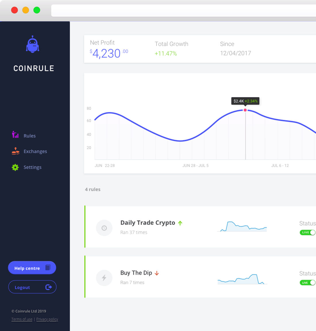 Coinrule Dashboard for Trading Strategies